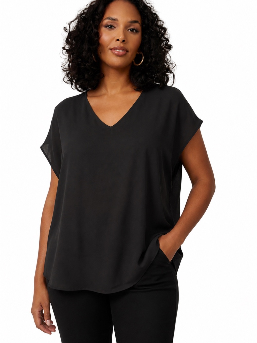 V-Neck Short Sleeve Women's Top - Black